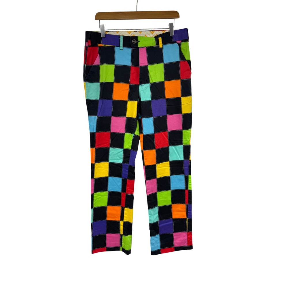 Loudmouth Golf Mens Patchwork Checkerboard Multicolor Pants 34x32 Cotton Stretch